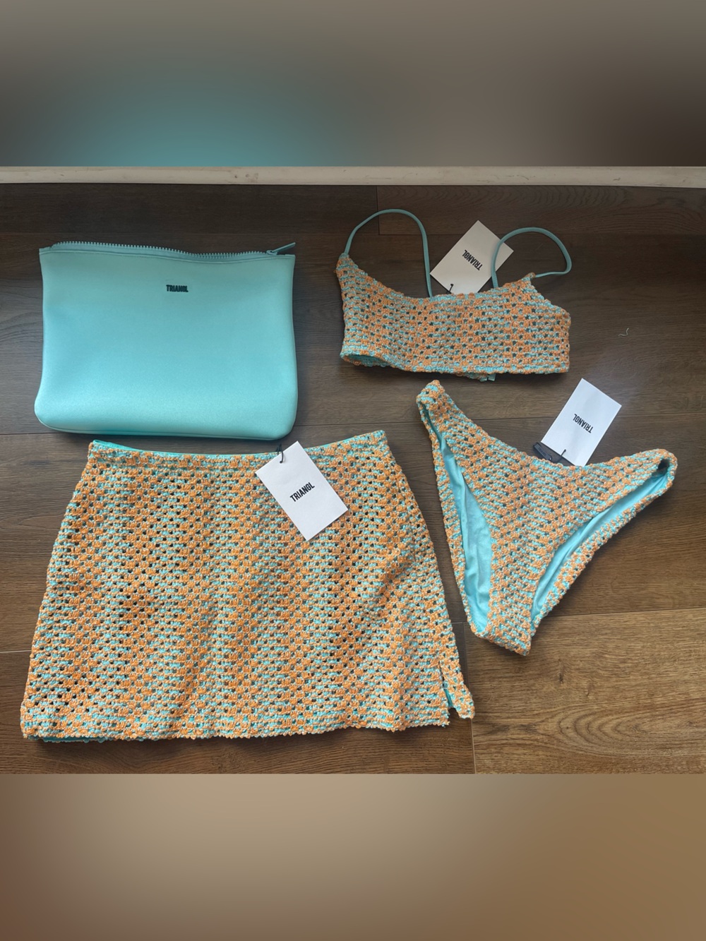 triangl swimwear teal Crochet Bikini set xs/s wet bag skirt